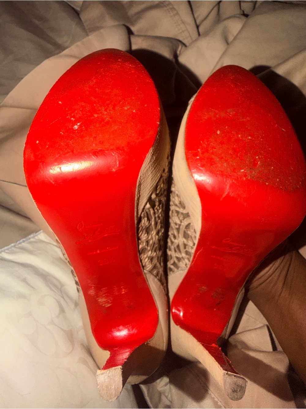 Christian Louboutin Beige Lace Peep-Toe Pumps with Red Soles - Picture 16 of 16